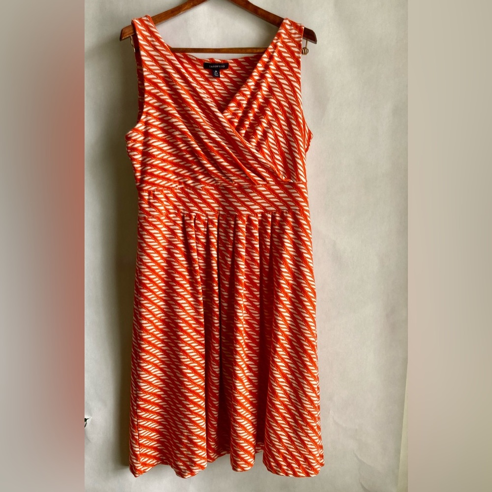 LANDS END Wrap Top Sleeveless Dress - Rope Print - Tangerine & White - Med